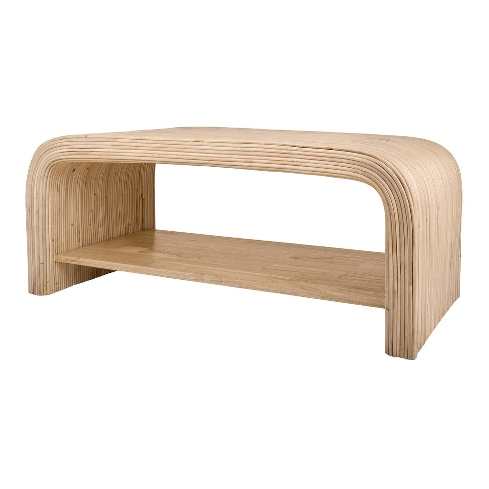 Modern Vintage Curved Rattan Console Table with Open Shelf Stylish Storage and Display Solution for Living Room Dining Home