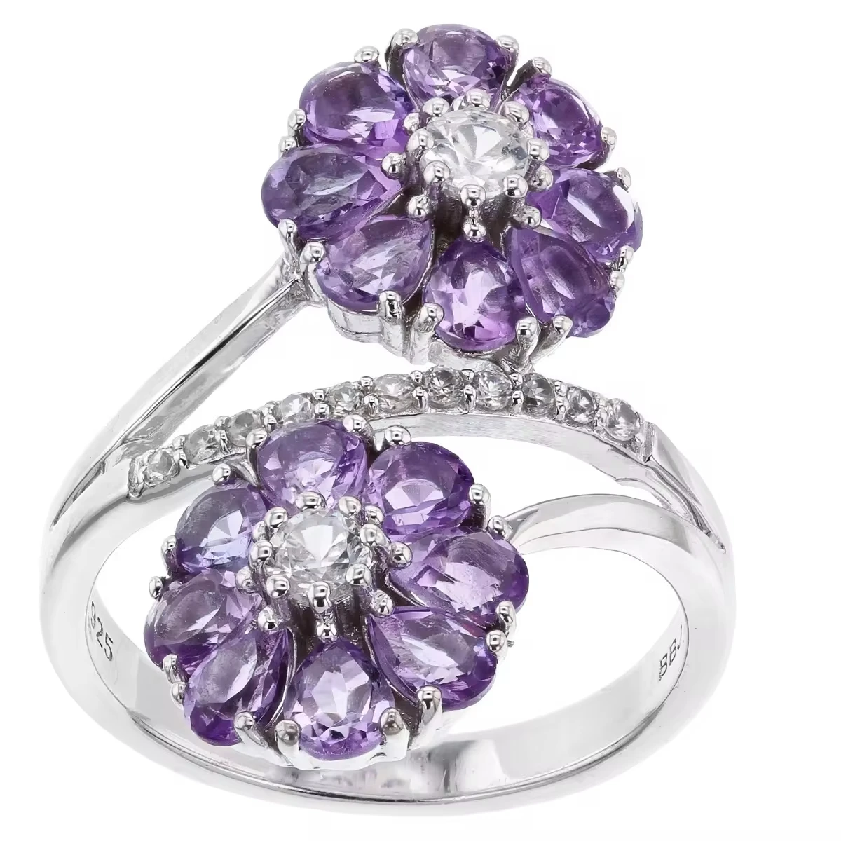 Purple Amethyst Flower Bypass Ring: Rhodium Over Sterling Silver | Exquisite Fine Jewelry | Elegant Design with Vibrant Sparkle