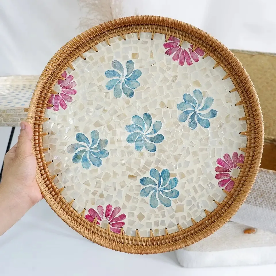 Wholesale Vietnam New Design Rattan Tray With Mother Of Pearl inlay Decoration Home/ Hotel
