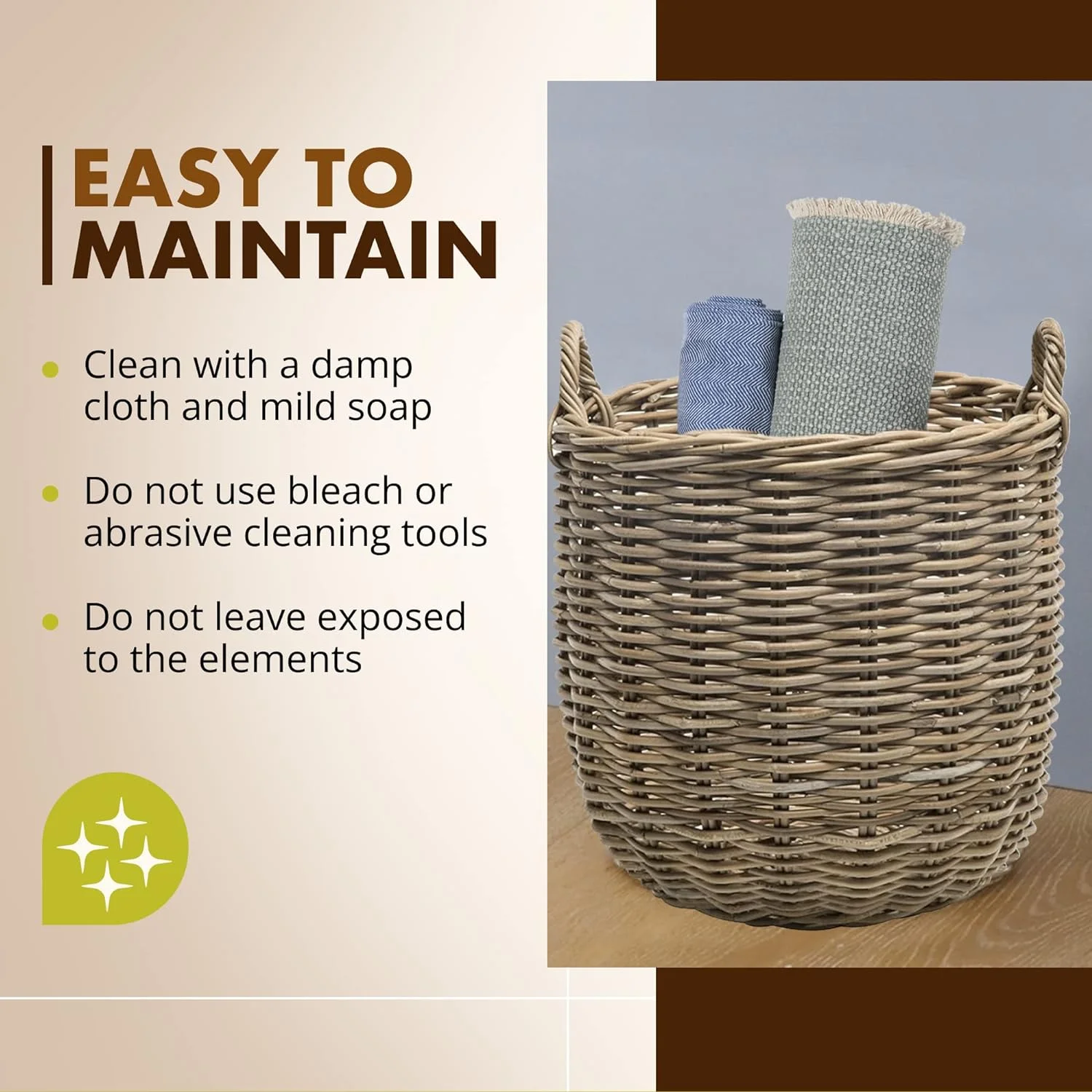 Rattan Kobo Round Storage Basket, Handwoven Rattan Basket with Handles, Organization & Home Decor for Storage, Gray-Brown