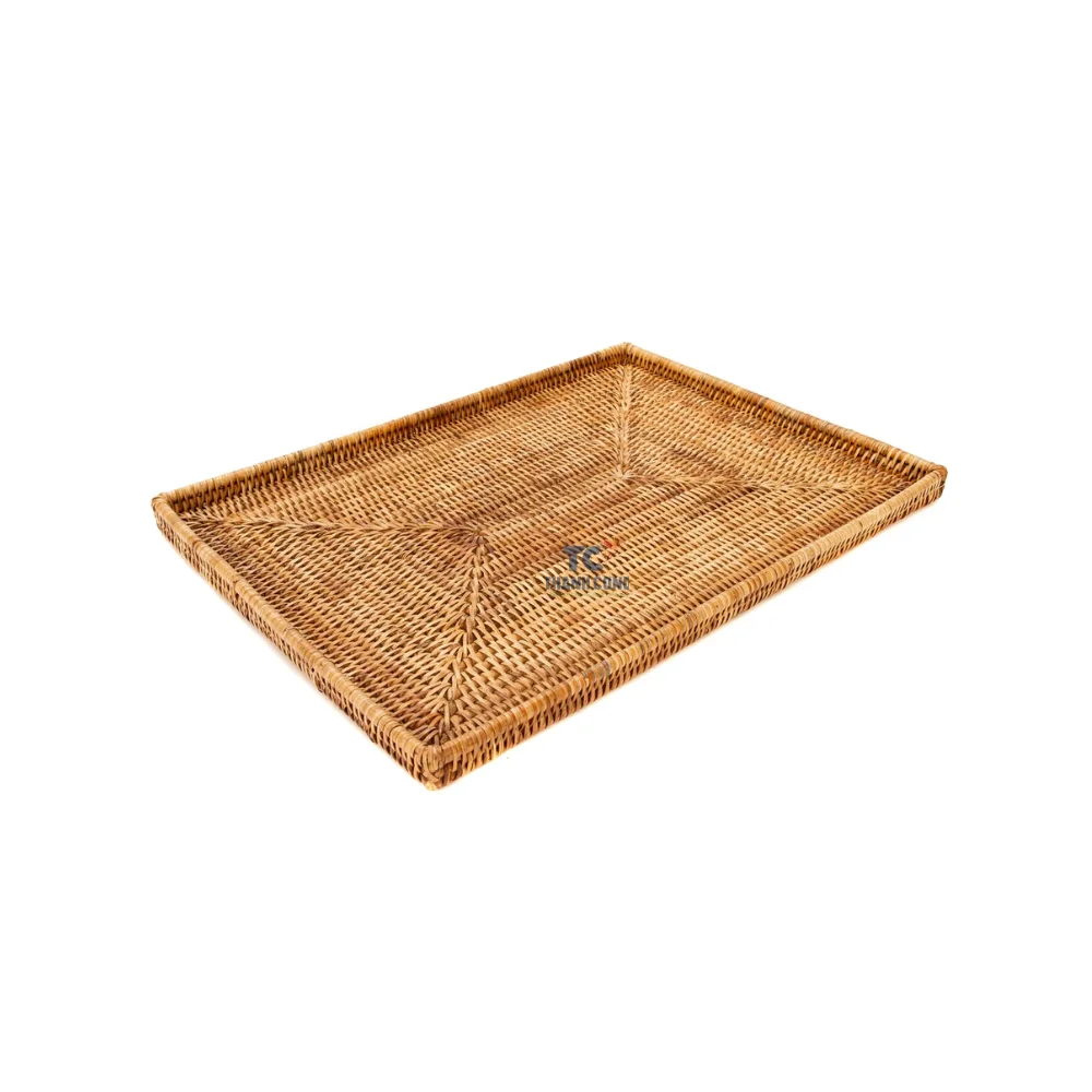 Handmade Flat Rattan Tray Handwoven Rectangular Flat Tray Customized Color Rattan Trays