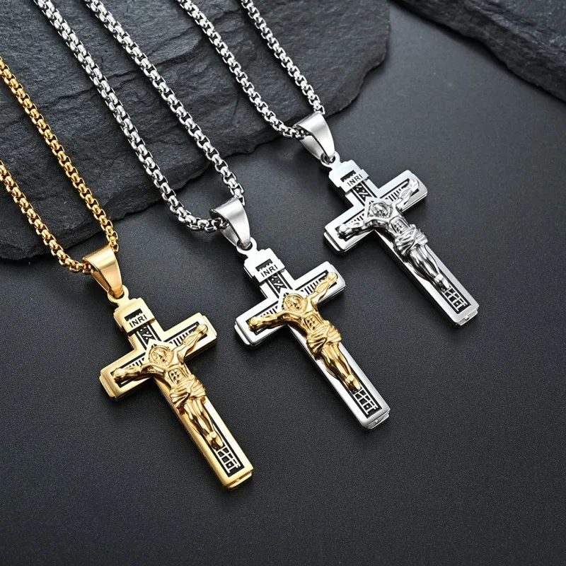 Trendy Box Chain Gold Jesus Cross Pendant Necklace Stainless Steel  Jewelry for Men