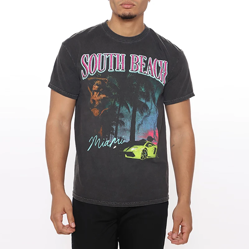 Wholesale Customized Popular South Beach Flexing Pigment Dye Printed Comfortable Short Sleeve Tee Shirts