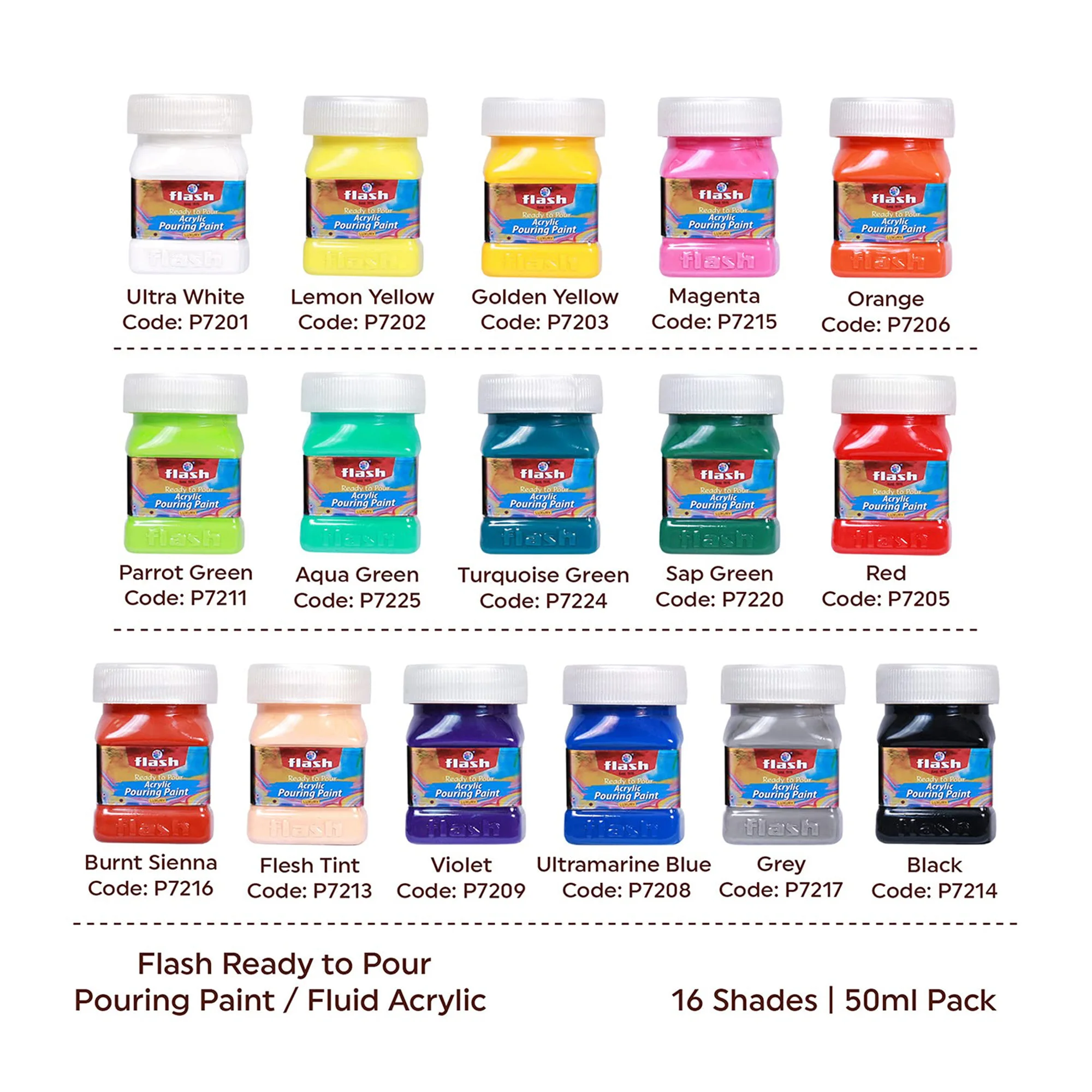 Flash Ready to Pour Acrylic Pouring Paint Set 50ml x 16 Colors Pre-mixed Paint Non Toxic paint