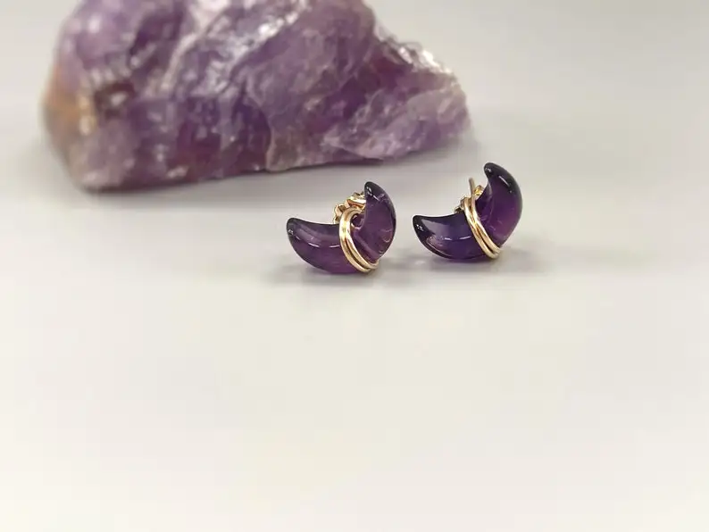 Crescent Moon Amethyst Stud Earrings Silver 14k Gold Plated Earrings Modern Handmade Minimalist Jewelry Dainty Gift For Someone