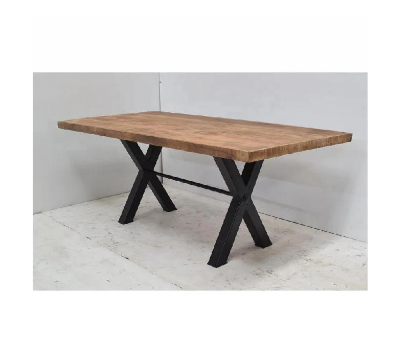 Top Quality Industrial Modern Style Solid Wooden Top and Iron Base X Shape Design Legs Dining Table for Home Hotel Restaurant