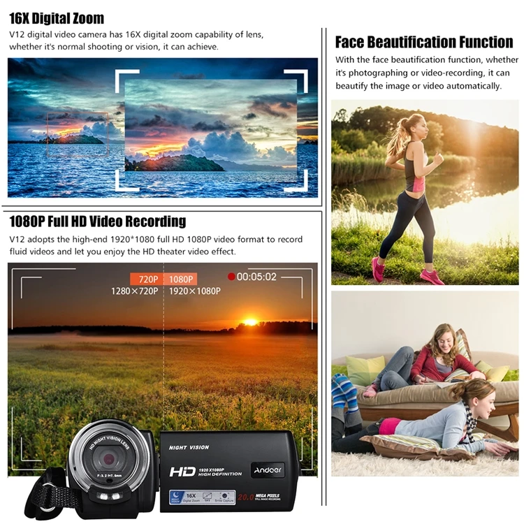 1080P Full HD 16X Digital Zoom Recording Portable Camcorder Video Camera Night Vision