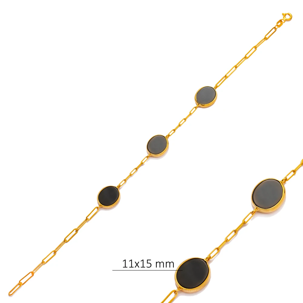 Black Quartz Stone Oval Design 22K Gold Bezel Charm Bracelet 925 Sterling Silver Jewelry Wholesale Handcrafted Fine Jewellery