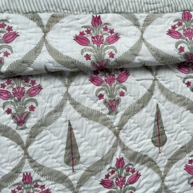 Jaipuri Handmade Quilt Indian Hand Block Printed Reversible Razai Cotton Voile Handmade Quilt Patch Work Quilt