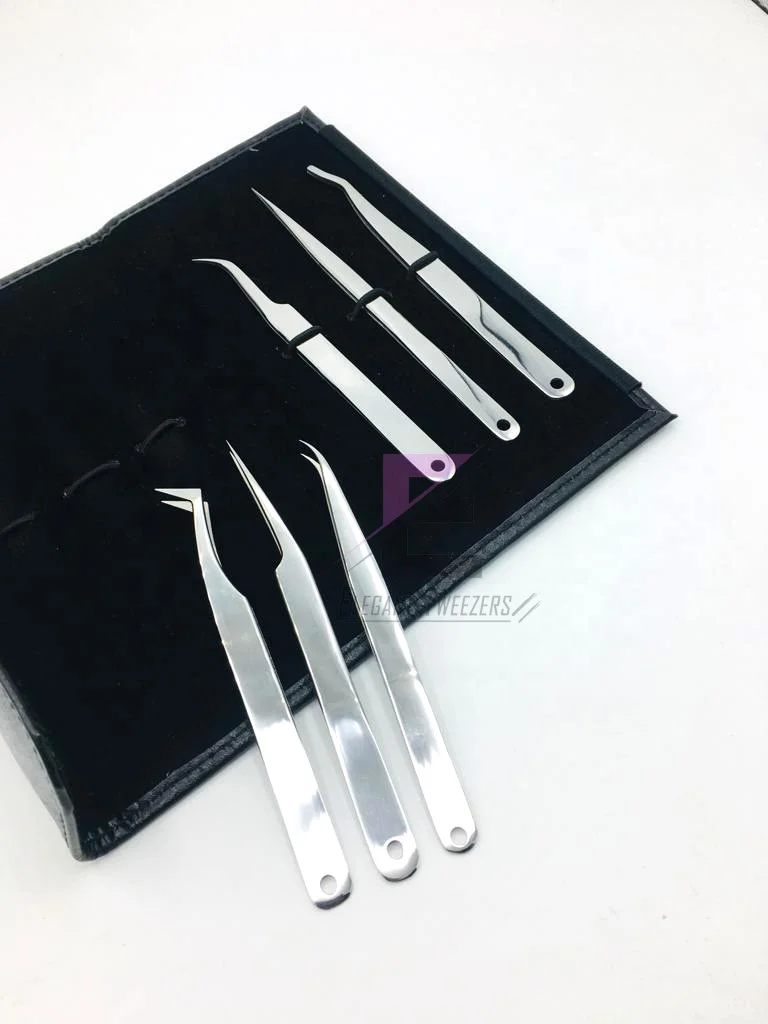 New Style Sliver Polish Full Set Great Finish Solid Eyelash Extension Tweezers Stainless Steel Private Label