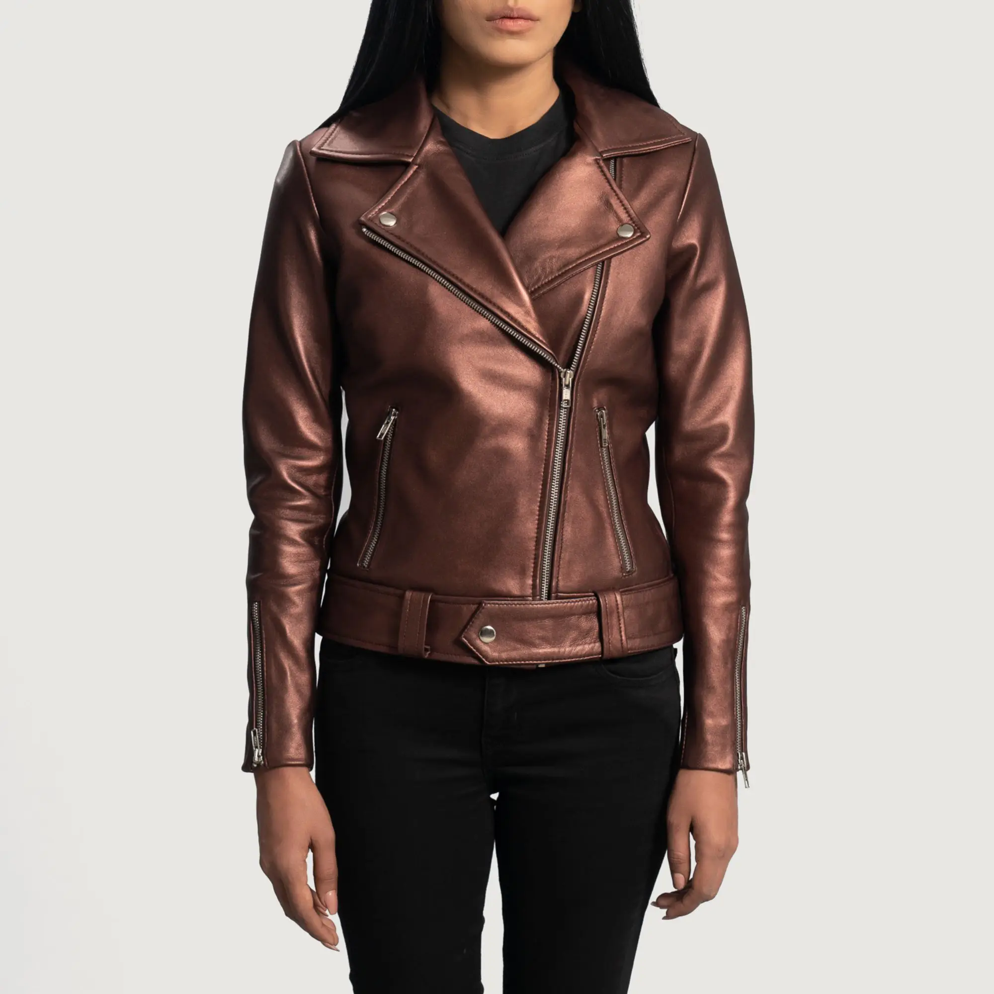 Real Leather Sheepskin Aniline Zipper Rumy Maroon Women Biker Jacket with Quilted Viscose Lining and Inside Outside Pockets