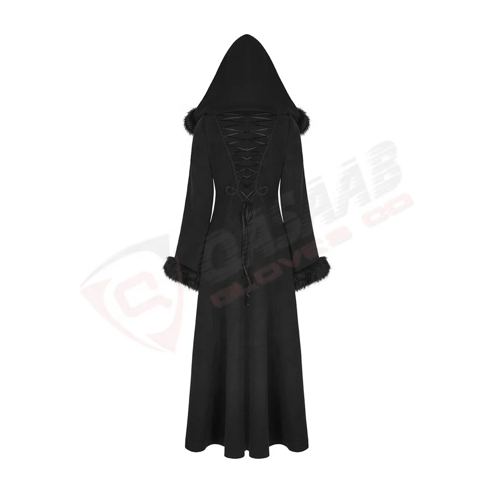 Fashion Hooded Black Winter Longed-Trench Women Breathable-Detachable Fur-Collar Gothic-Victorians Corset-Coat