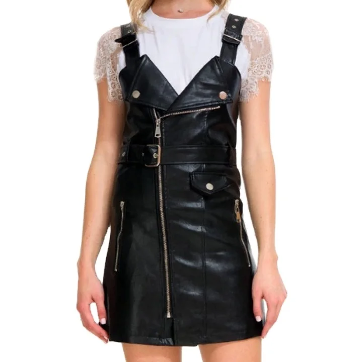 Waist belt Ladies sleeveless sheep leather dress/Shoulder straps leather dress black/New design black leather dress for women