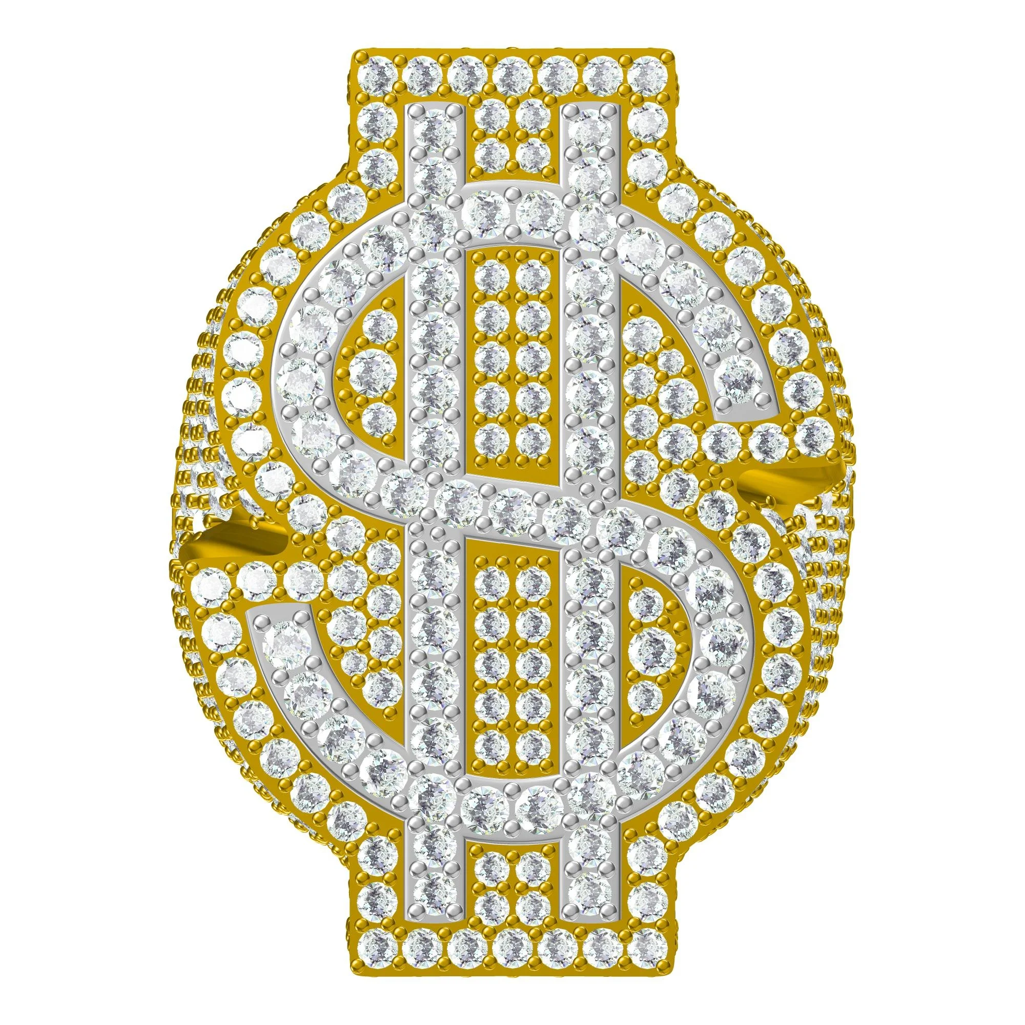 Mens Iced Out Diamond Ring with Dollar Sign in Yellow and White 10kt and 14kt Gold Purity Available with VVS-VS Round Diamonds