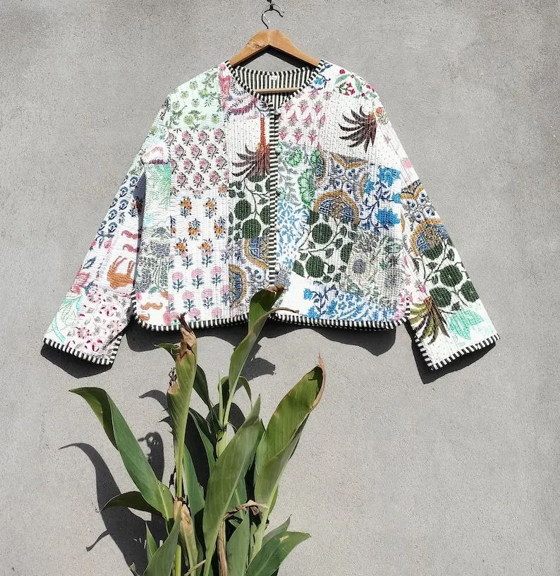 Handmade Patchwork Jackets Indian Cotton Winter Jacket Coat Bohemian Style Unisex Short Quilted Jacket