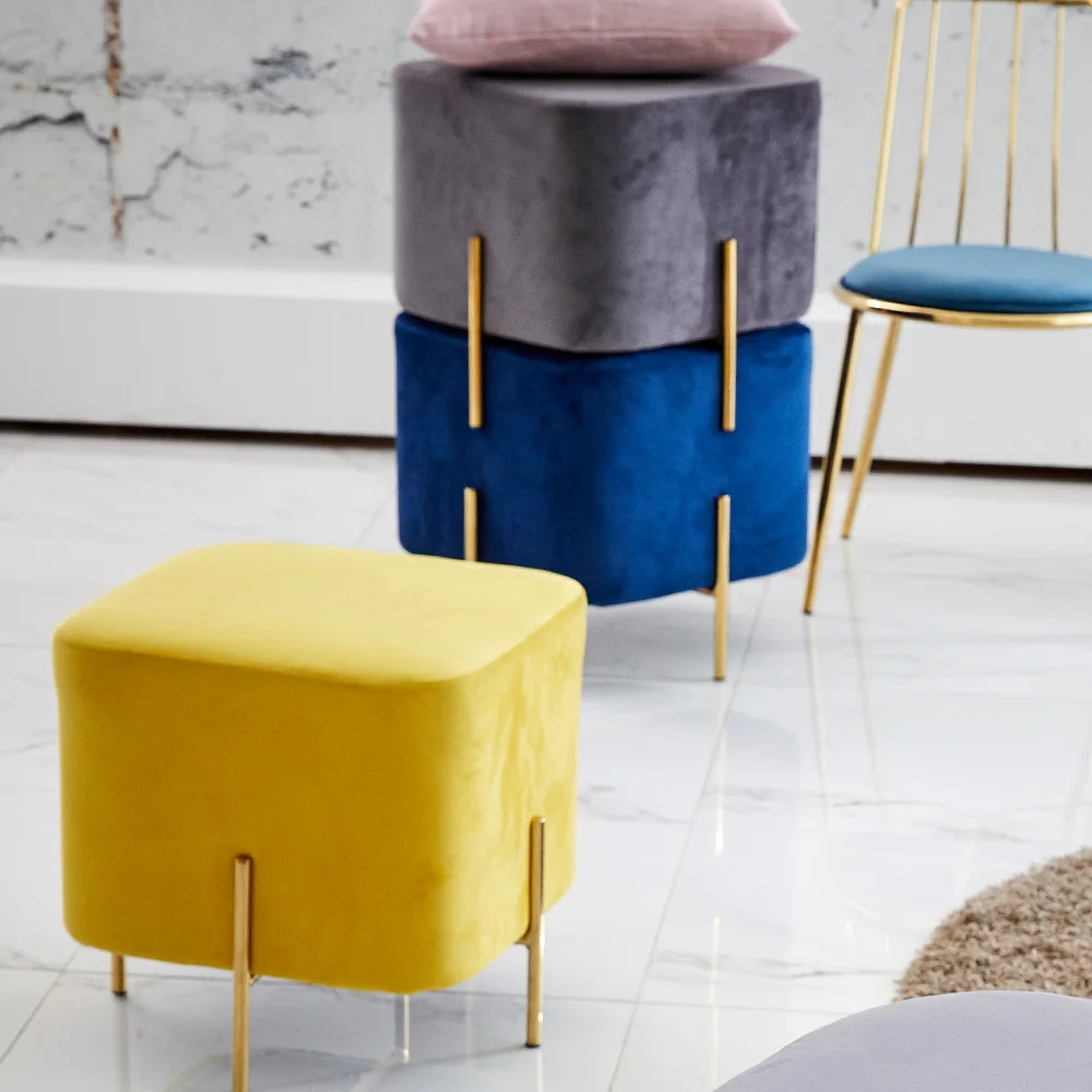 Luxury Bar Stool Modern Comfortable Velvet fabric Golden Steel Leg Square Sitting Ottoman Foot Stool Pouf for Home Hotel Shop