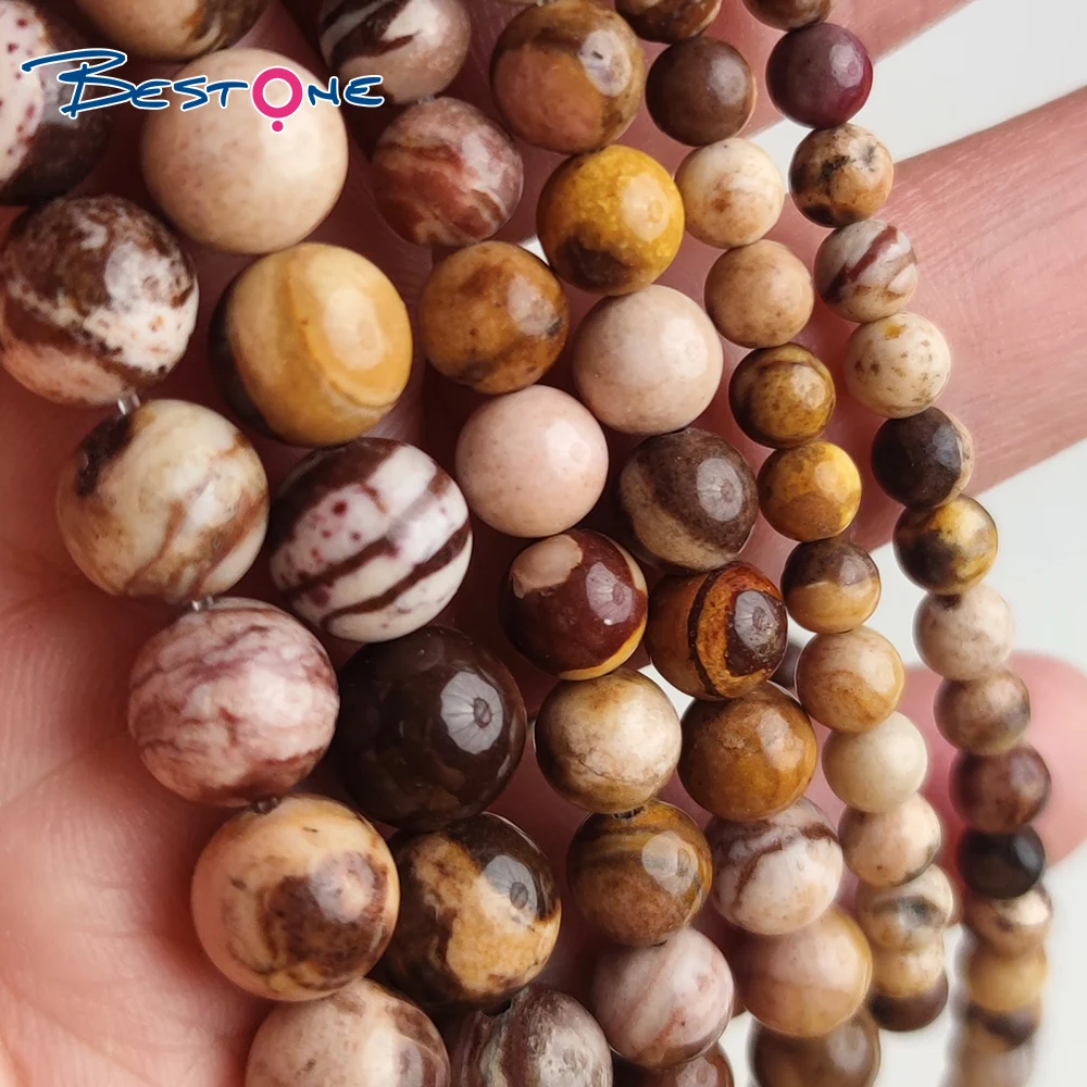 Bestone 4mm 8mm 10mm Brown Zebra Jasper Smooth Round Gemstone Beads With Holes for Jewelry Making