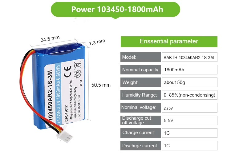 Li ion battery 103450AR2 cell 3.7V 1800mAh lithium li ion led flash light IOT battery pack