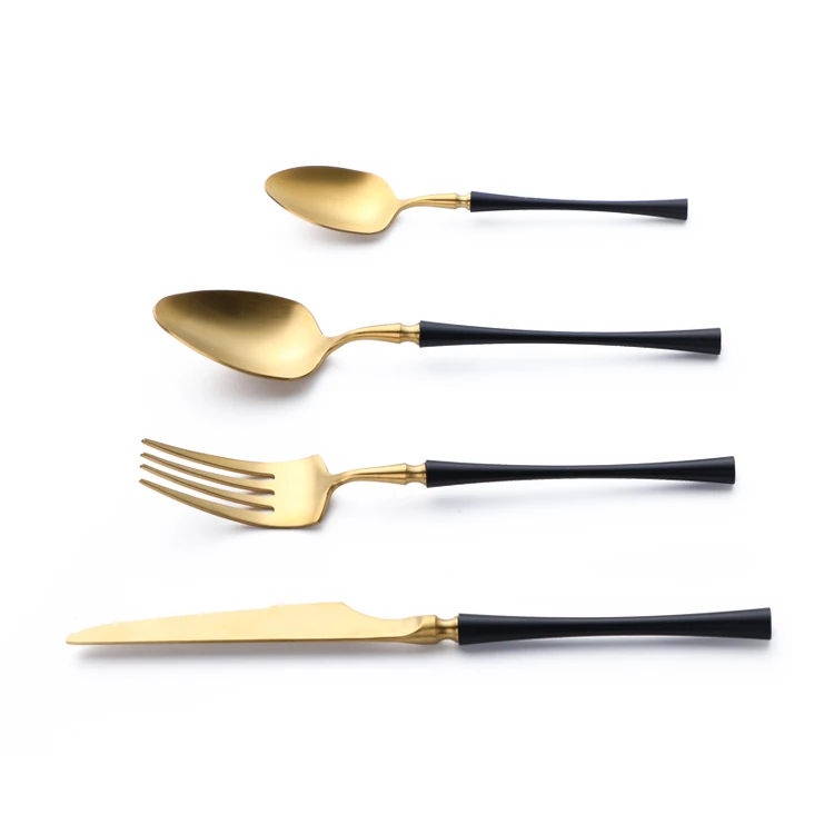 Buy Food Grade Luxury 18/10 Spoon and Fork Flatware Set Stainless Steel 304 Matte Black and Gold Cutlery Set