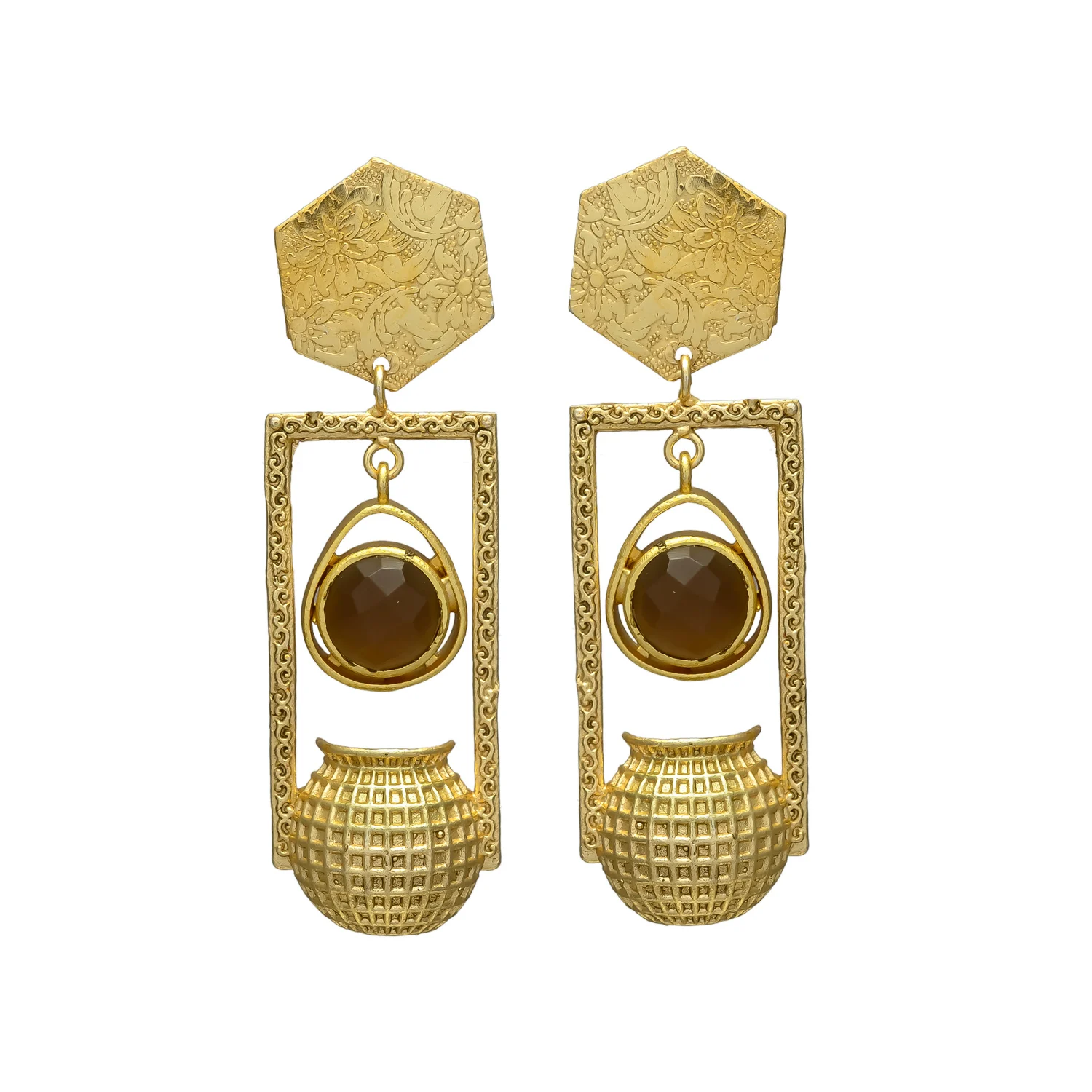New arrival gold plated unique pot design dangle earrings with brown chalcedony gemstone brass earrings