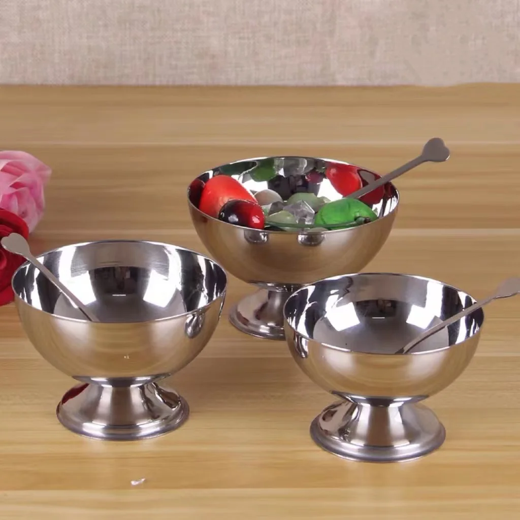 Stainless steel  ice cream bowls with spoons and fork for salad and small jelly cups