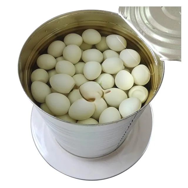 Salted quail eggs with nutritional additives are produced in bulk cans of 425/200g