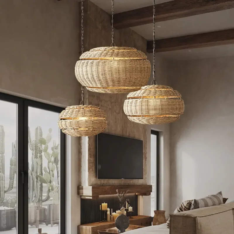 9 Style Wicker Rattan Bamboo Crafts Lamps Shades & Covers Woven Indoor Hanging Lampshade Wooden Chandelier & Pendant Lights