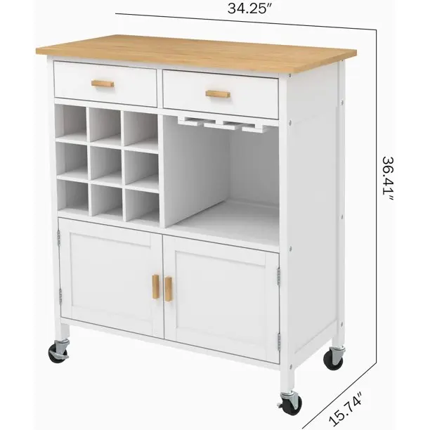 Modern Wood Top Mobile Kitchen Island, Rolling Kitchen Trolley Cart on Wheels with Wine Racks and Storage Drawer Cabinet