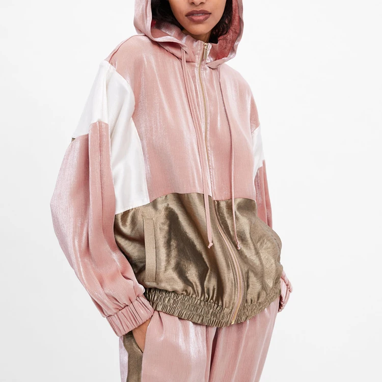 Casual Fashion women Polyester Shiny Contrast Color Zip up hoodie ladies tracksuit set