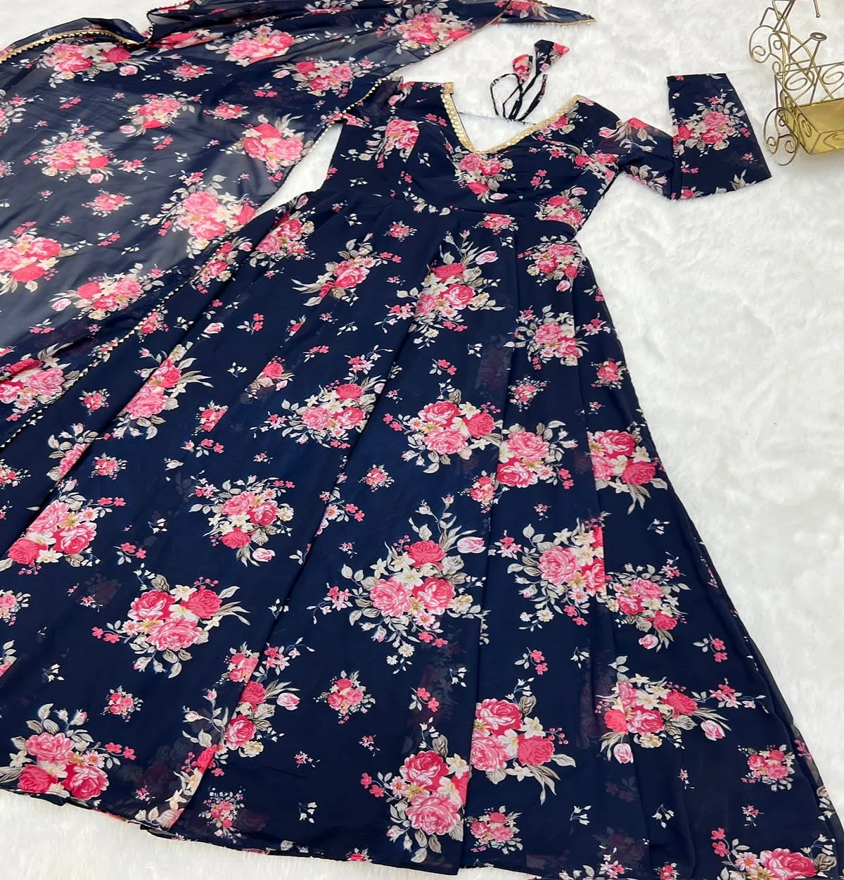 PURE SOFT GEORGETTE ANARKALI FULLY FLAIR GOWN DUPTTA SET READY TO WEAR FULLY STITCHED