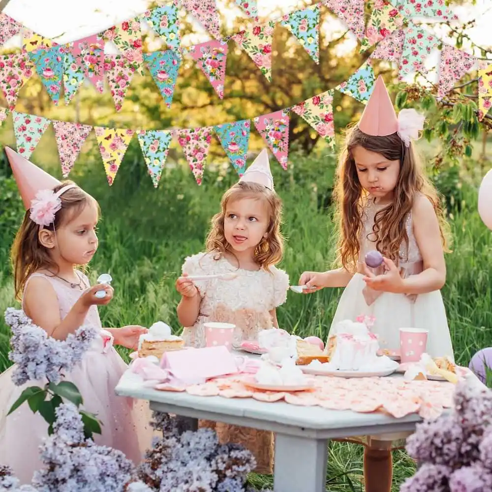 49 Ft 60 Pcs Tea Floral Party Paper Bunting Decor Outdoor Bunting Banner Floral Pennant Banner Tea Party Birthday Supplies
