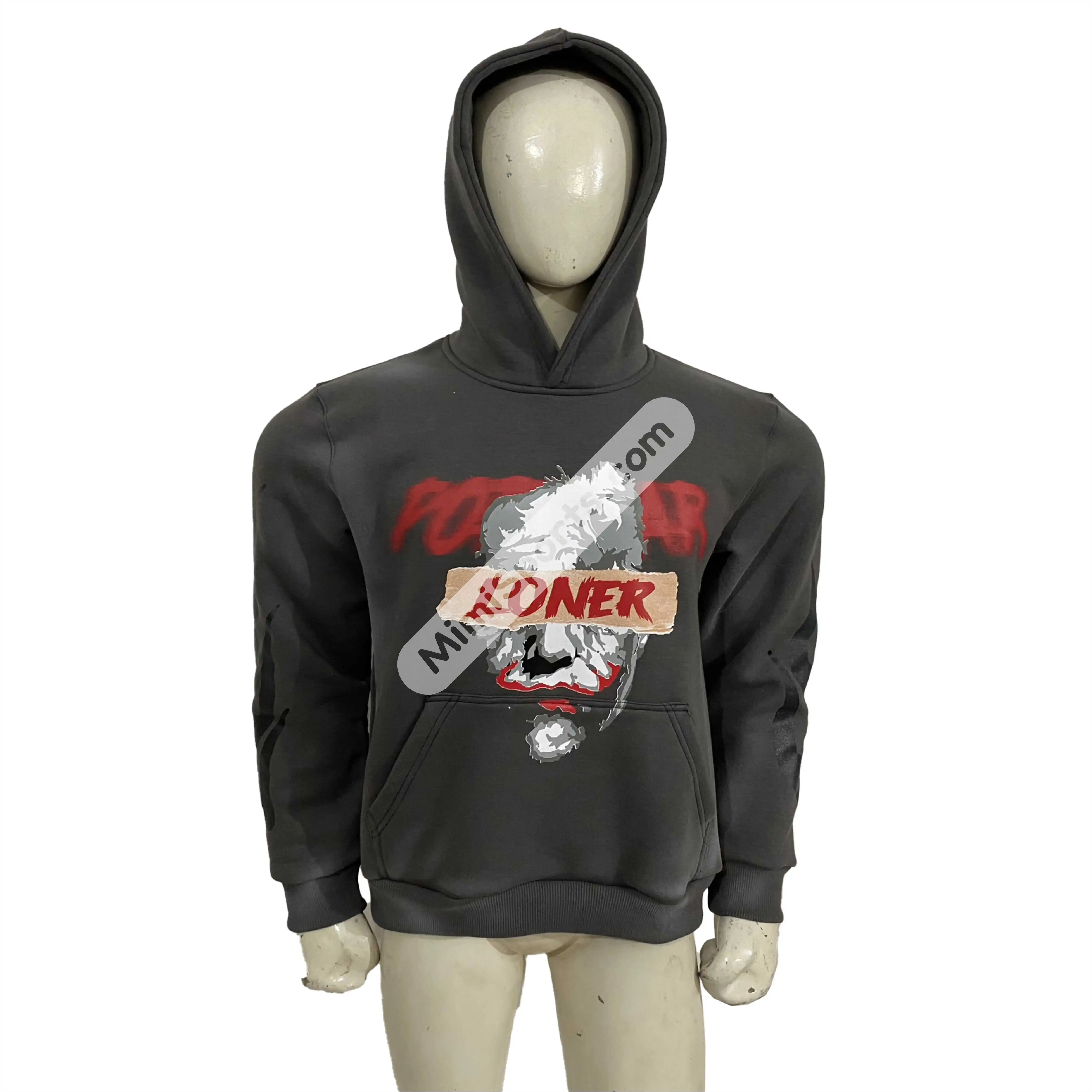 Trending Dark Grey Custom Oversized Cut And Sew Hoodies Distressed Embroidery 100% Cotton Full Zip Up Puff Print Labels Tags