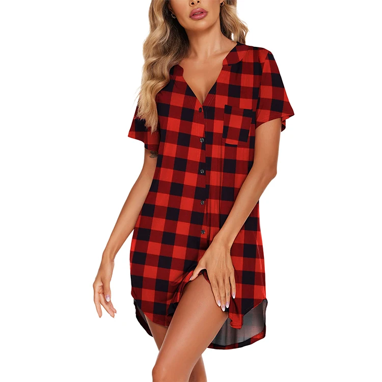 OEM Wholesale Plus Size Women Loungewear Summer Short Sleeve Button Down Red Plaid Christmas Sleepwear Night Dresses For Woman