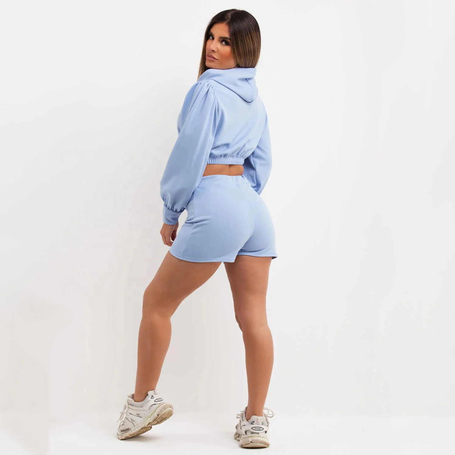 Baby Blue Crop Hoodie And Shorts Set Fashionable Crop Top Hoodies Women Two Piece Set Slim Fit Women Crop Hoodies And Shorts