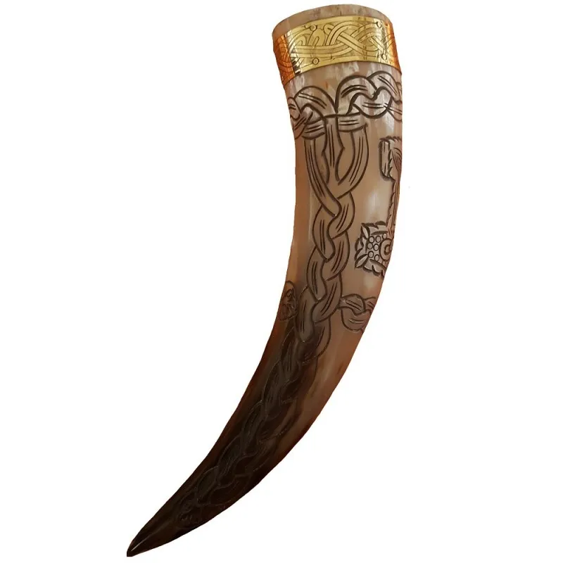 Indian Quality Natural Viking Drinking Horn with Logo  Carved Antique Viking Drinking Horn with Brass Rim