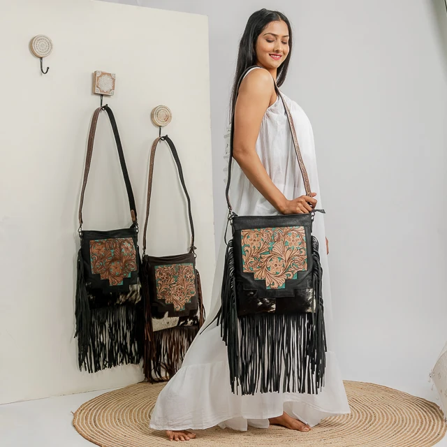 New Western Style Hair On Hide Fur Suede Leather Fringe Bag High Quality Women Leather Shoulder Bag With Turquoise Stone
