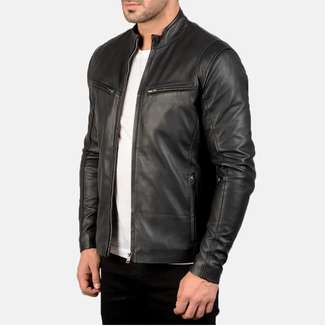 Real Leather Sheepskin Aniline Zipper Gatsby Black Men Biker Jacket with Quilted Black Lining and Inside Outside Pockets