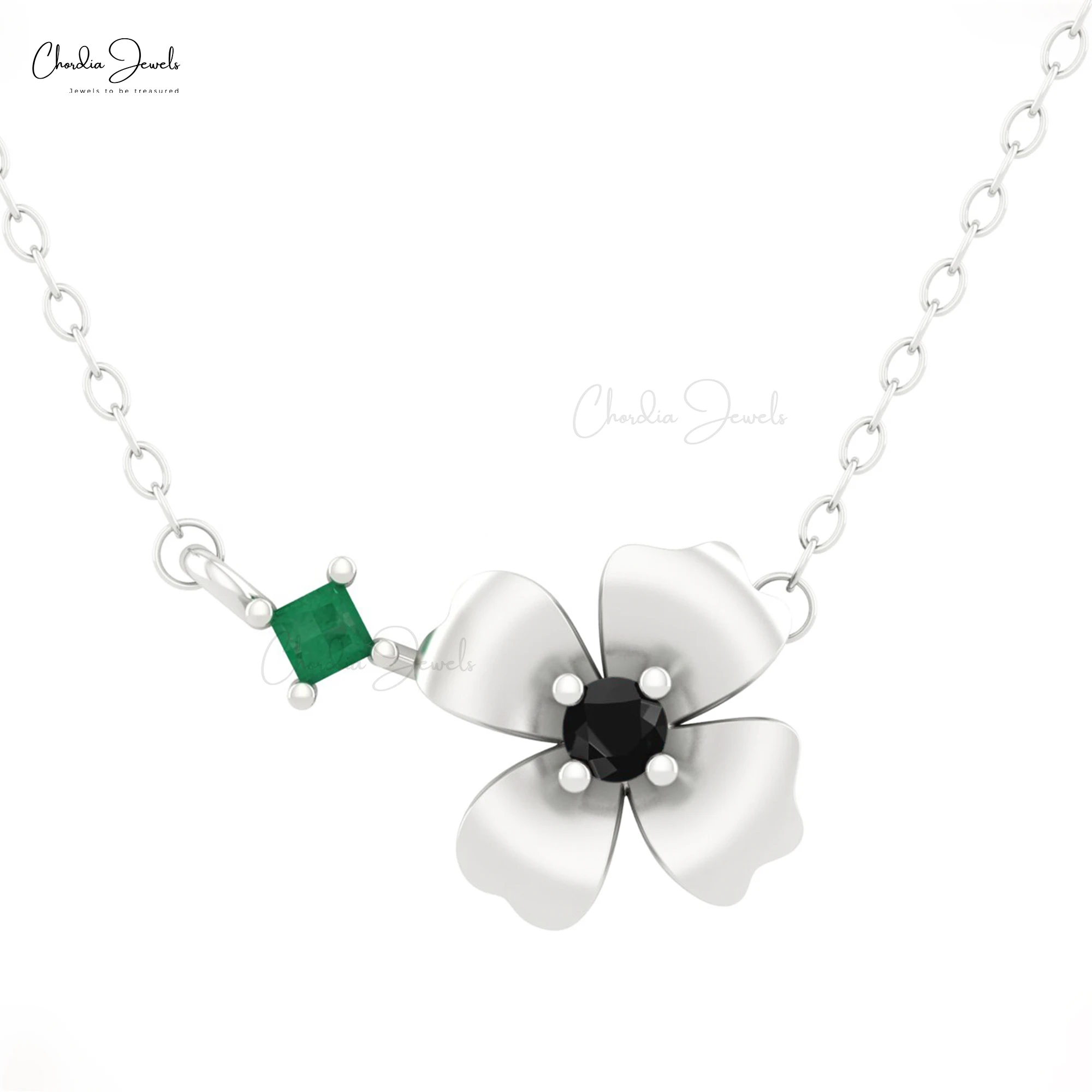 Trending Floral Necklace Real 14k Gold Pendant Necklace 0.05 Ct Square Emerald and Black Diamond Jewelry with Premium Packaging