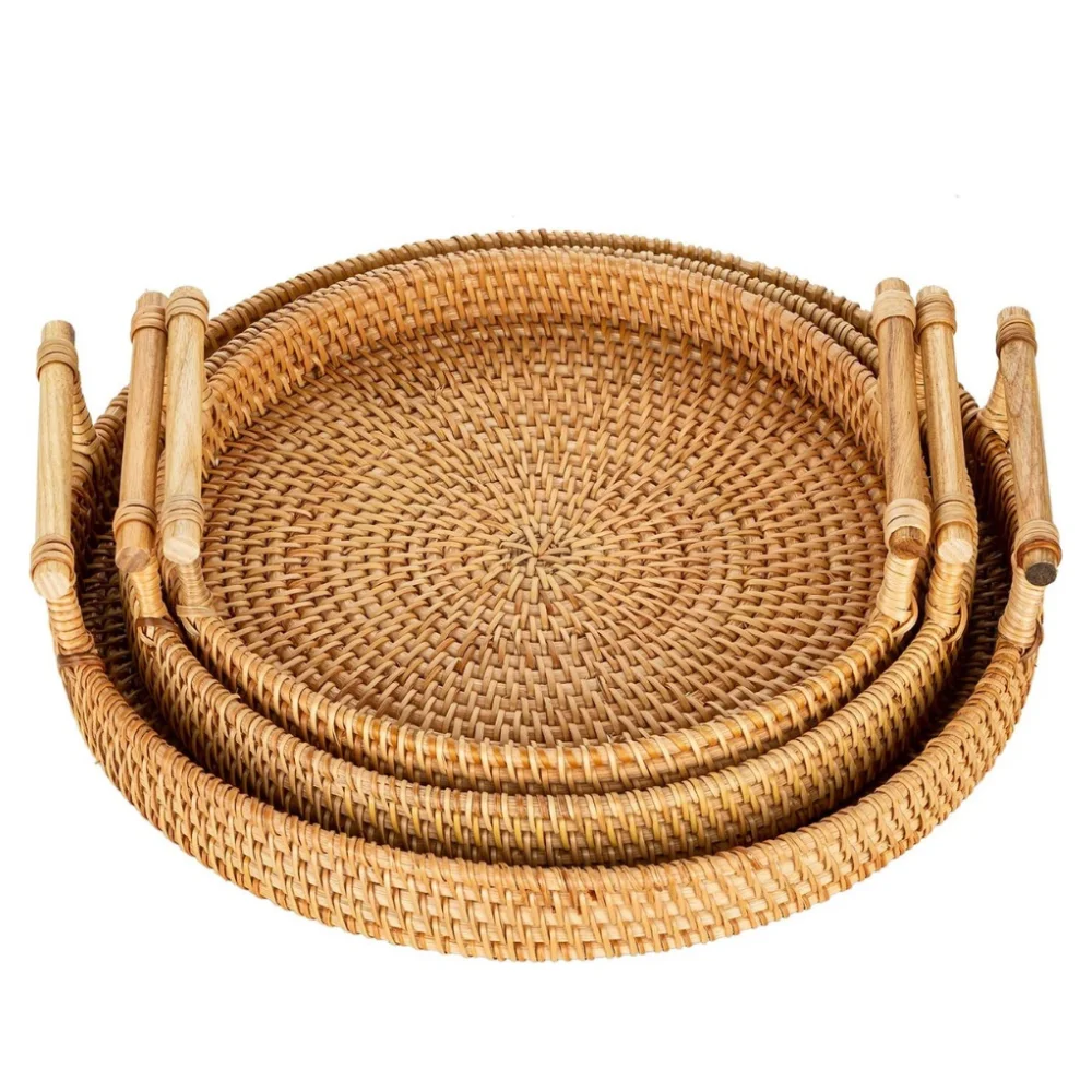 High Quality Customized Sizes  Hand-Woven Round Wicker Decorative Basket Rattan Serving Tray with Handles made in viet nam