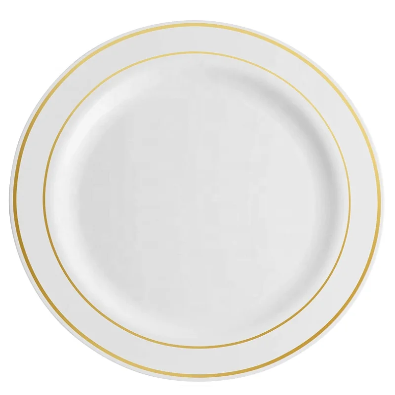 Round Plastic Dinner Plates Set Gold Rim Disposable Premium Heavy Duty Hard 10.25inch And 7.5inch Dishes Plates For Wedding Part