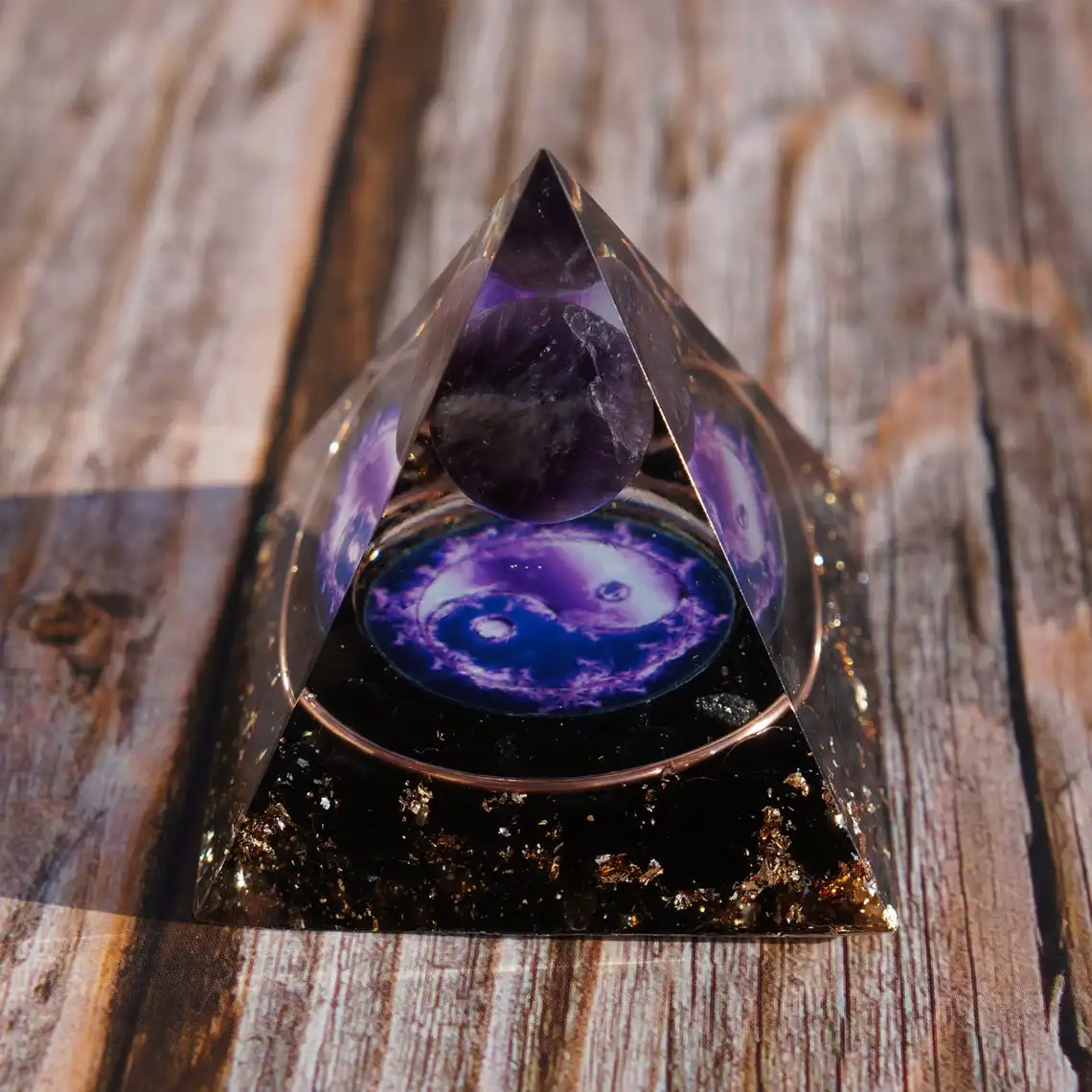 Custom Organite Pyramid , Black Tourmaline Chips With Amethyst Mini Sphere Orgonite Pyramid For Healing And Meditation
