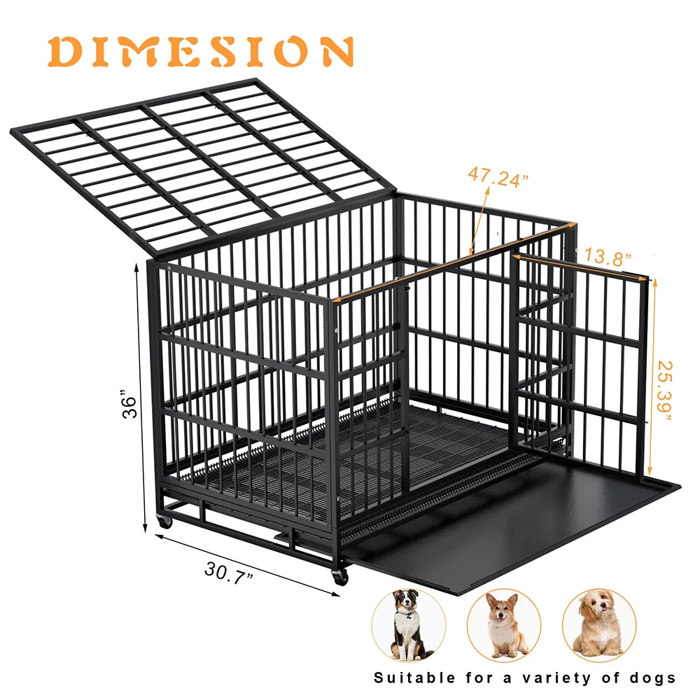 48 Inch Heavy Duty Dog Crate with Wheels for Indoor and Outdoor, Large Dog Kennel with Removable Tray