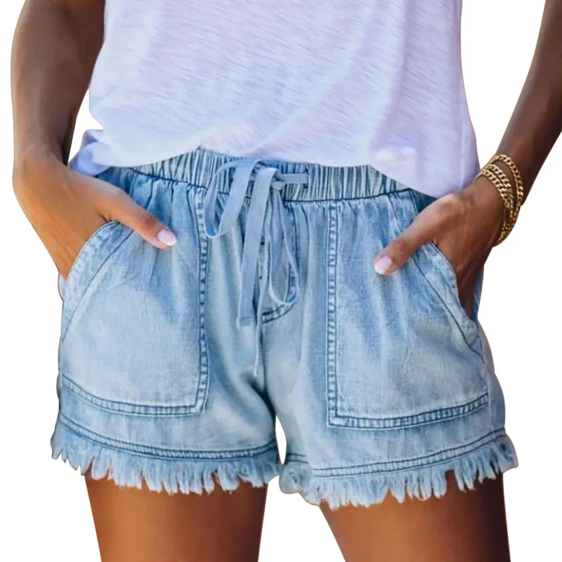 Hot Selling Solid Color Women Casual High Waist Pleated Drawstring Lace Up Fringe Jeans Pants
