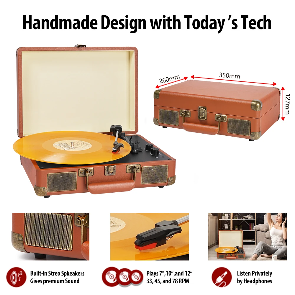 AUDMIC Hot Selling Bluetooth Input and Input Turntable Player Transmitter Retro Wooden Turntable Player