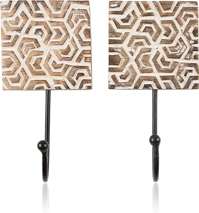 Set of 2 Decorative Wooden & Cast Iron Vintage Rustic Coat Hanger Wall Mounted Jacket Robe Towel Door Hook Rack Holder