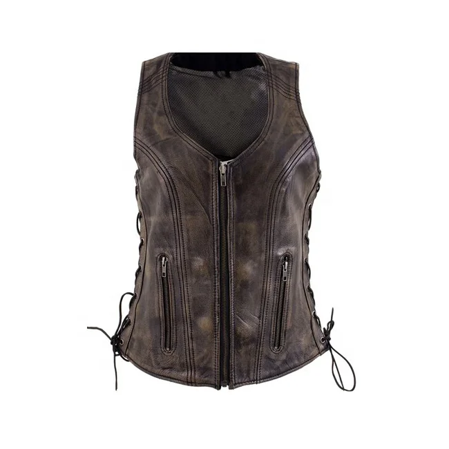 Ladies Motorcycle Soft Leather Vest- Vintage Look Trendy Style Women Biker Vest, Distressed Brown Leather Motorcycle Vest