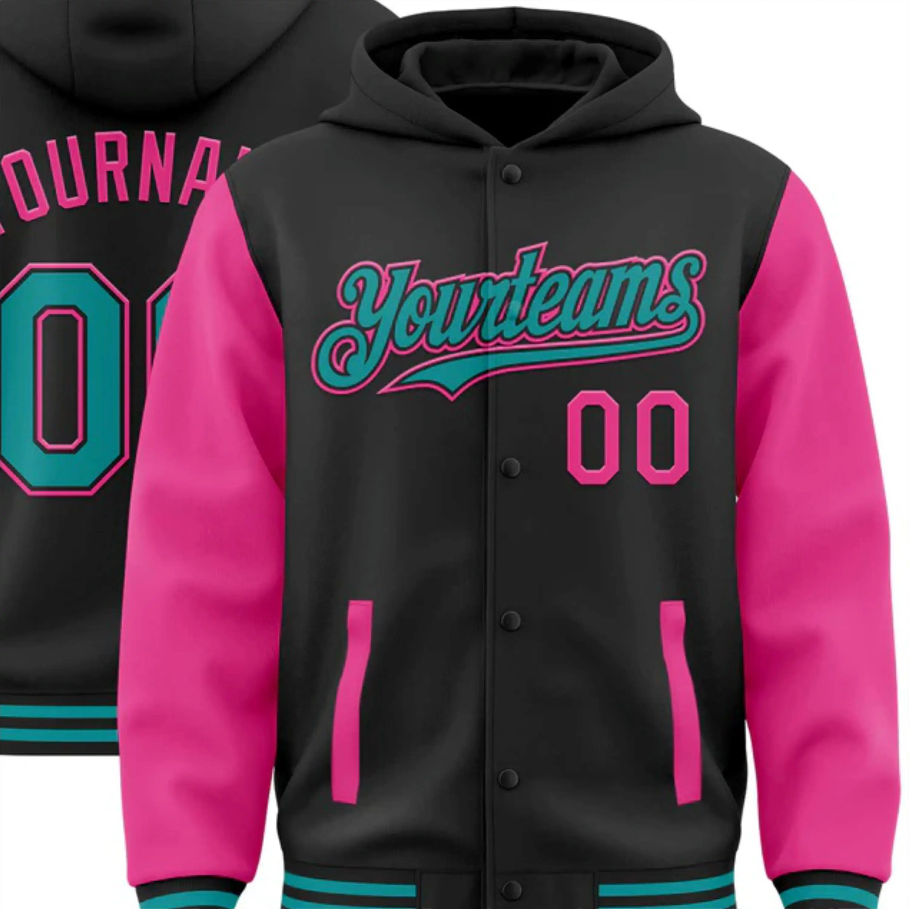 Custom Black Teal-Pink Bomber Full-Snap Varsity Letterman Two Tone Hoodie Jacket