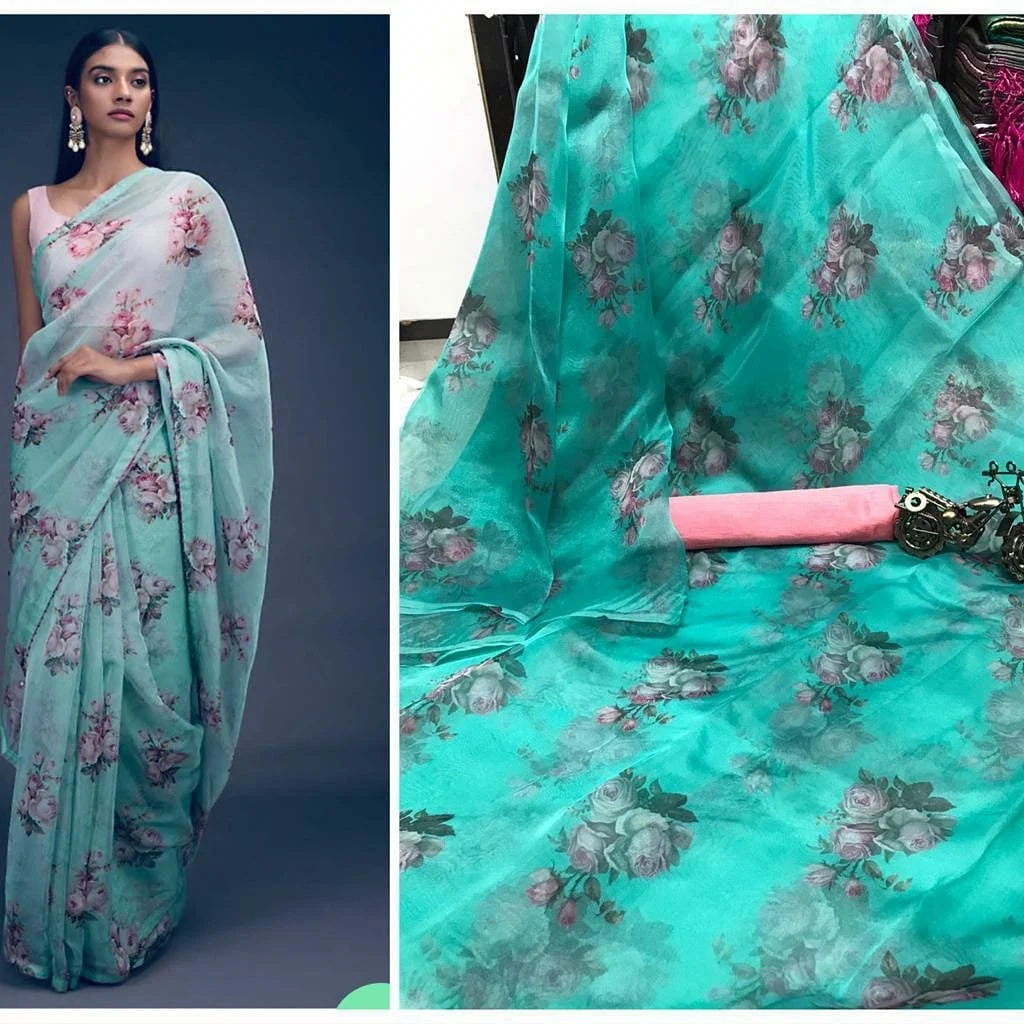 Indian Style Clothes Fancy Organza Silk Saree with Banglory Silk Plain Blouse Material Beautiful Digital Flower Printed Saree