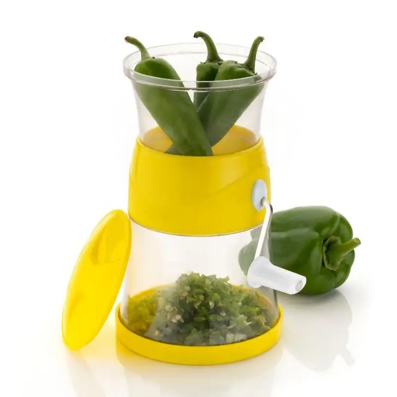 Transparent Round Plastic Manual Chilli Cutter Top Bottom Box Steel Hand Chopper for Veggie Onion Dry Fruit Peanut Cutting