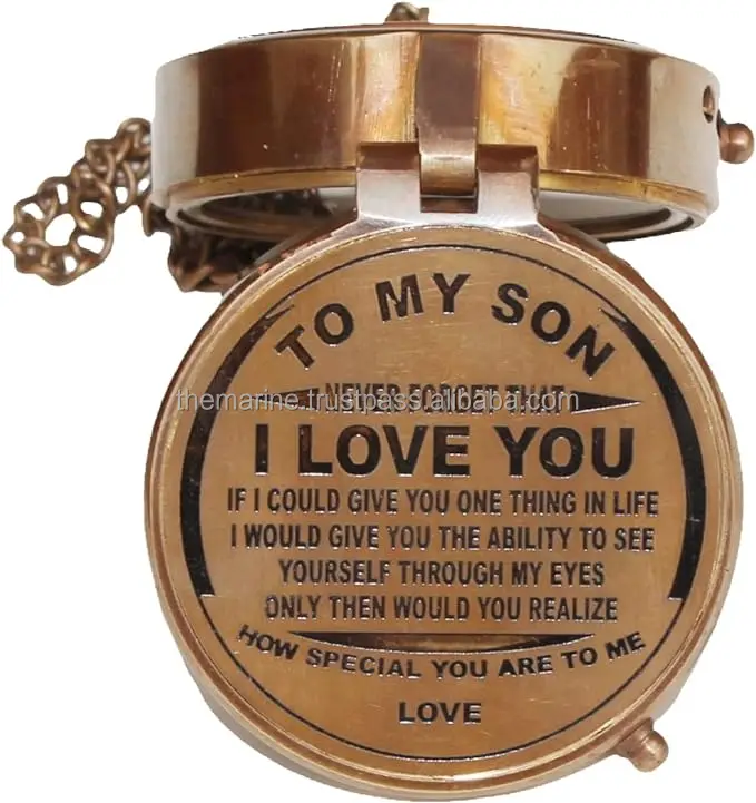 Antique Nautical Brass Engraved To My Son Compass Chain With Engraved Red Leather Case for Camping Hiking & Home Decorative